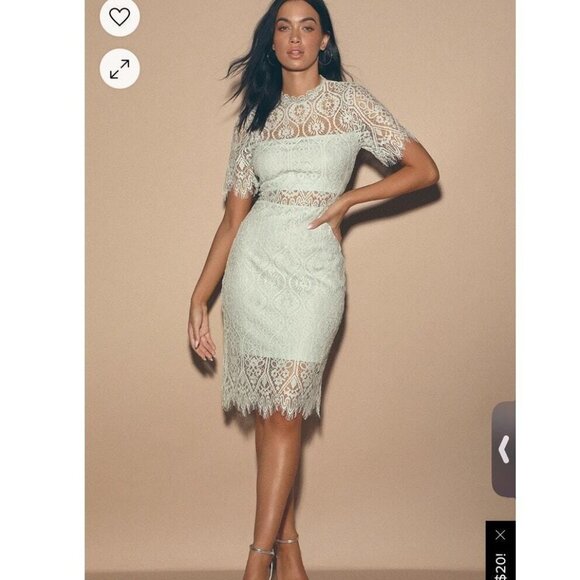 NWT Lulus Mint Blue Sheer Lace Office Siren Shortsleeve Mini Dress M Bodycon - Picture 2 of 13